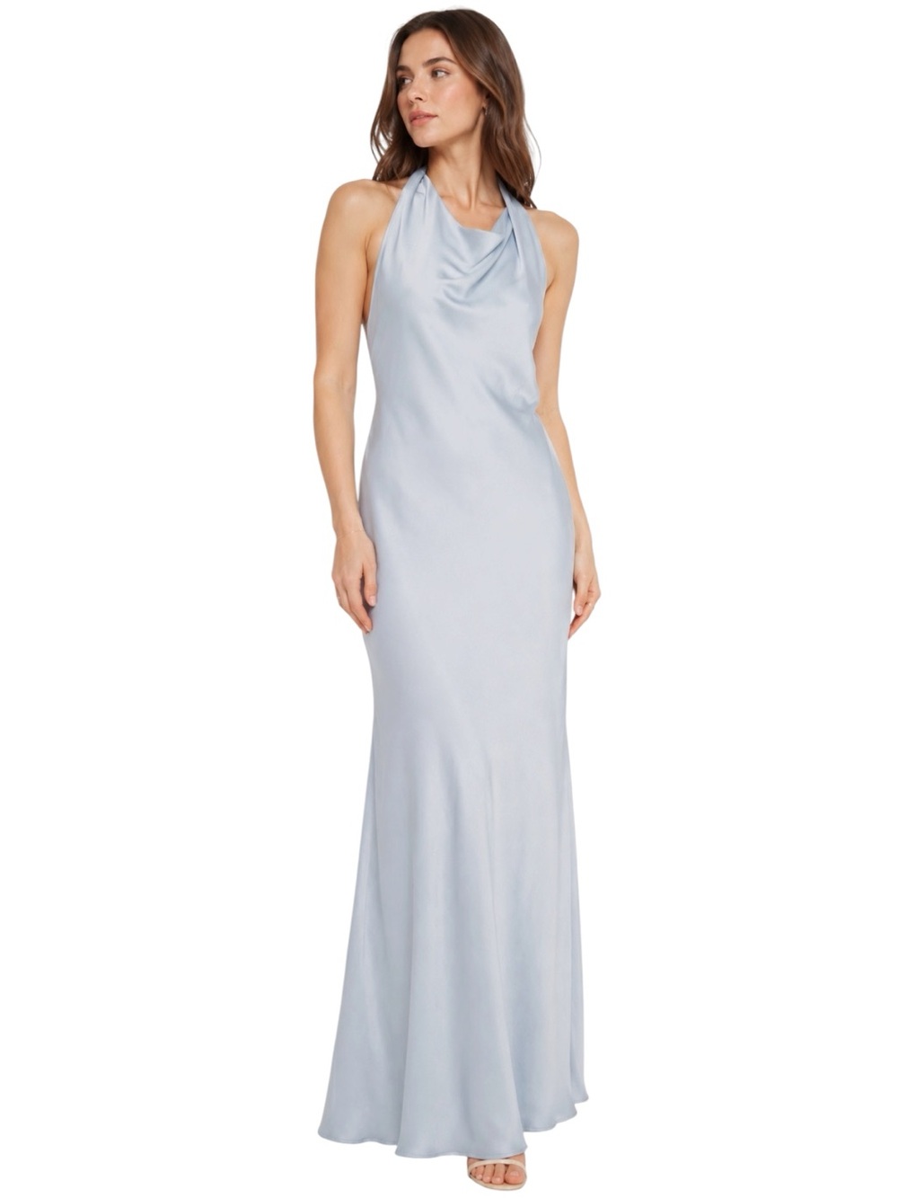 Conditions Apply Light Blue Satin Cowl Halter Maxi Dress Open Back Viscose Large